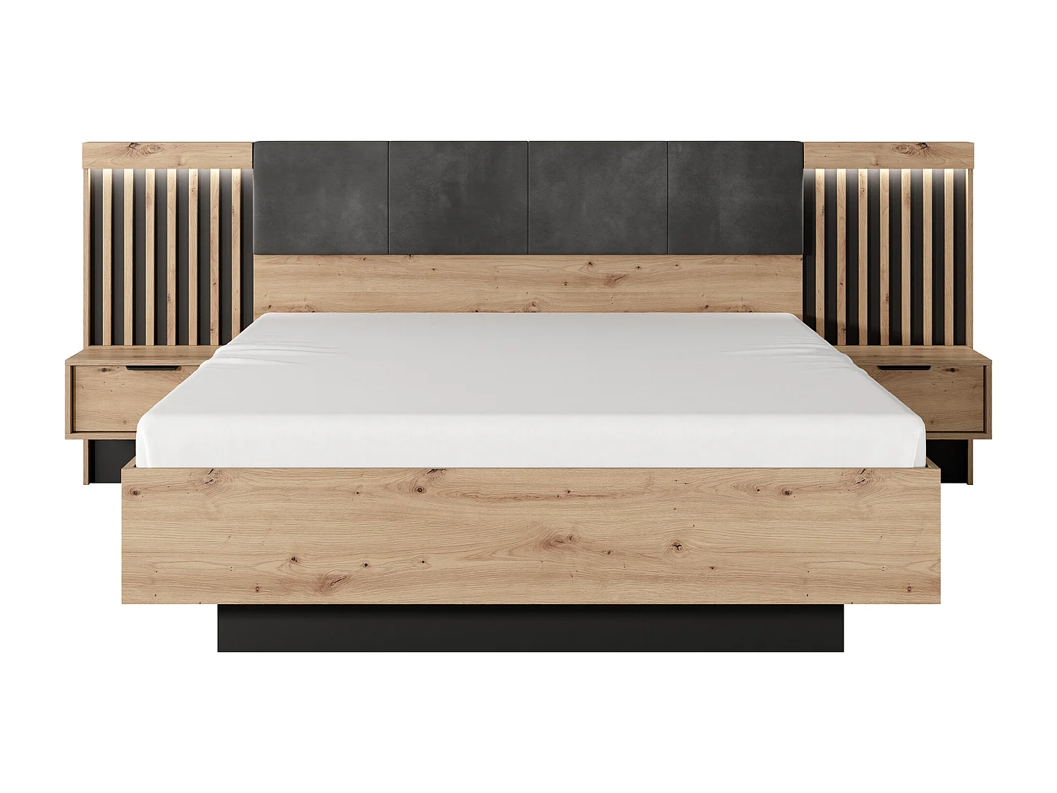 Conjunto de cama con mesas de noche 160 x 200 cm + Somier + Colchón + Cómoda + Armario - Color: Natural y negro - ARIADA