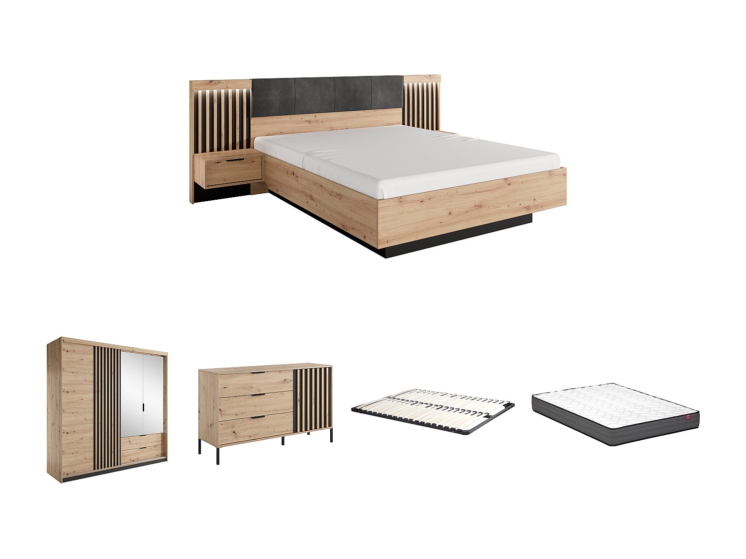 Schlafzimmer-Set - Bett mit Nachttischen - 160 x 200 cm + Lattenrost + Matr günstig online kaufen
