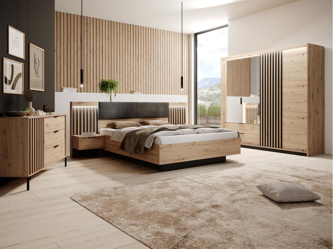 Ensemble lit avec chevets 160 x 200 cm + Sommier + Matelas + Commode + Armoire - Coloris : Naturel et noir - ARIADA