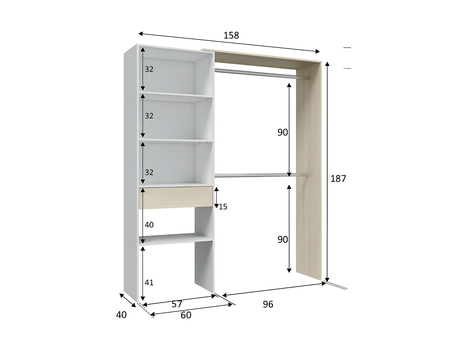 Armoire dressing avec étagère de 60 cm et 2 penderies - DRESIO