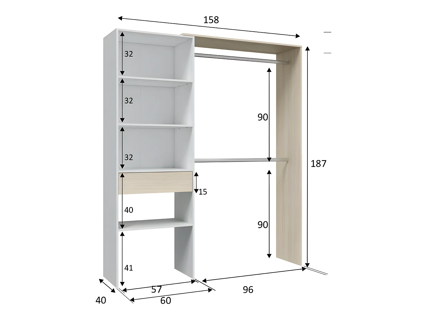 Armoire dressing avec étagère de 60 cm et 2 penderies - DRESIO