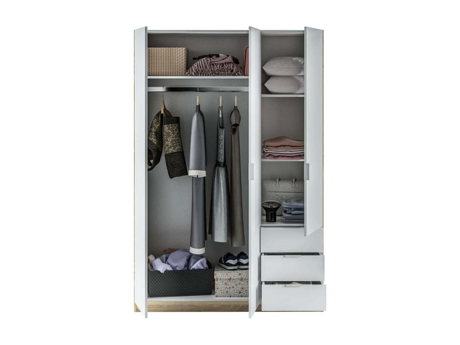 Roupeiro de baixo custo 3 portas 3 gavetas Blanco Artik (Blanco Mate) - Roble Canadian