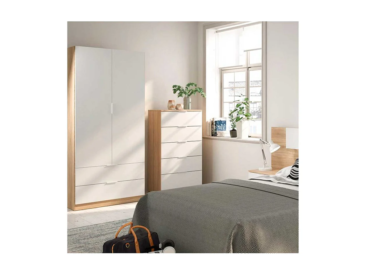 Armadio Giovanile con 2 Ante e 2 Cassetti, Bianco Artik e Rovere, 180x81,5x52 cm