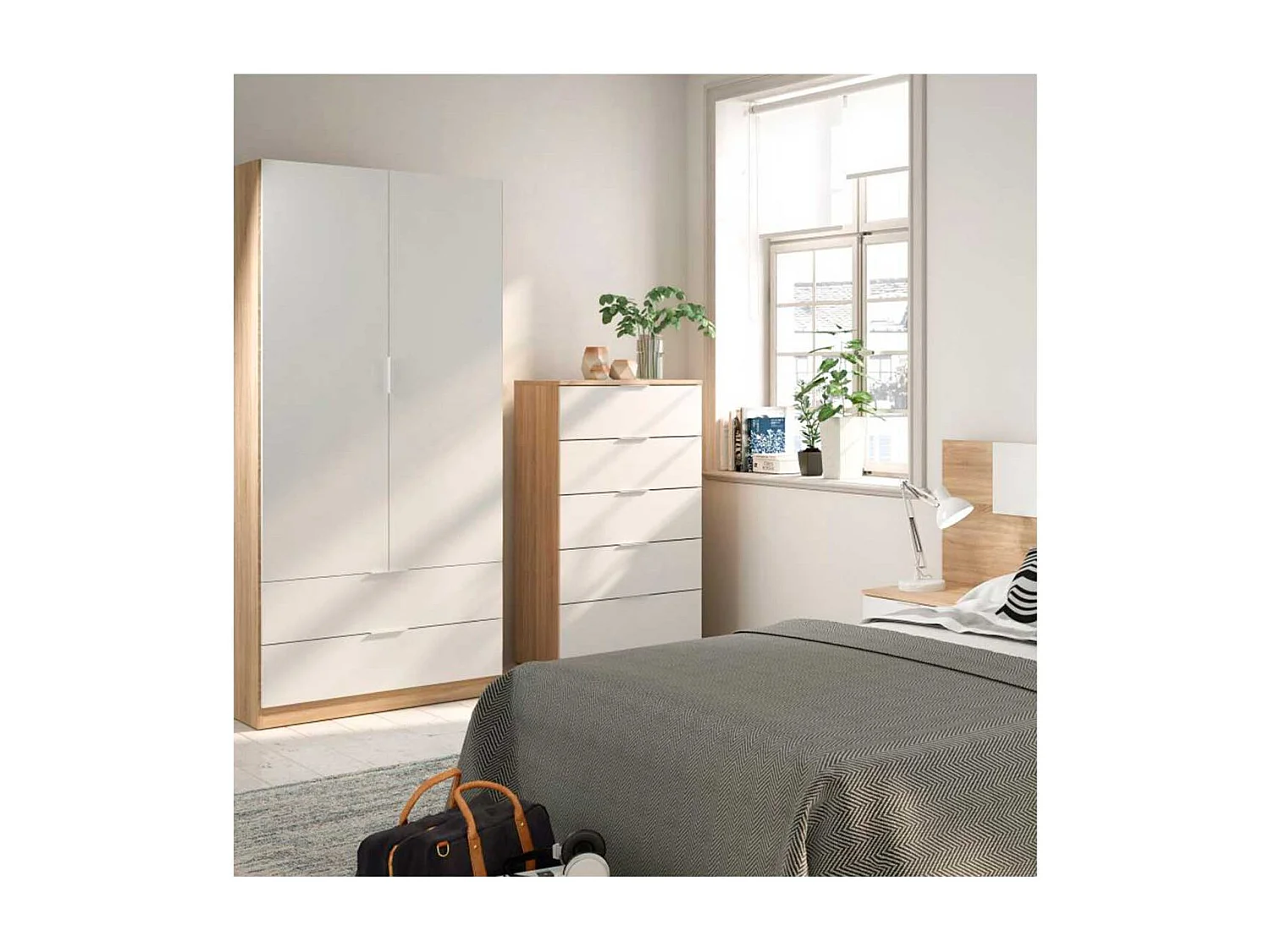 Armadio Giovanile con 2 Ante e 2 Cassetti, Bianco Artik e Rovere, 180x81,5x52 cm