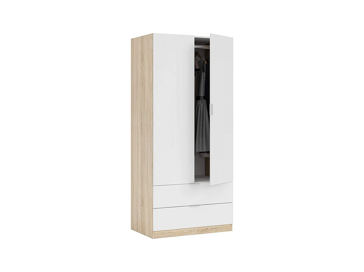 Armoire avec 2 portes et 2 tiroirs, Finition blanc et bois, 81 cm (L) x 180 cm (H) x 52 cm (P)