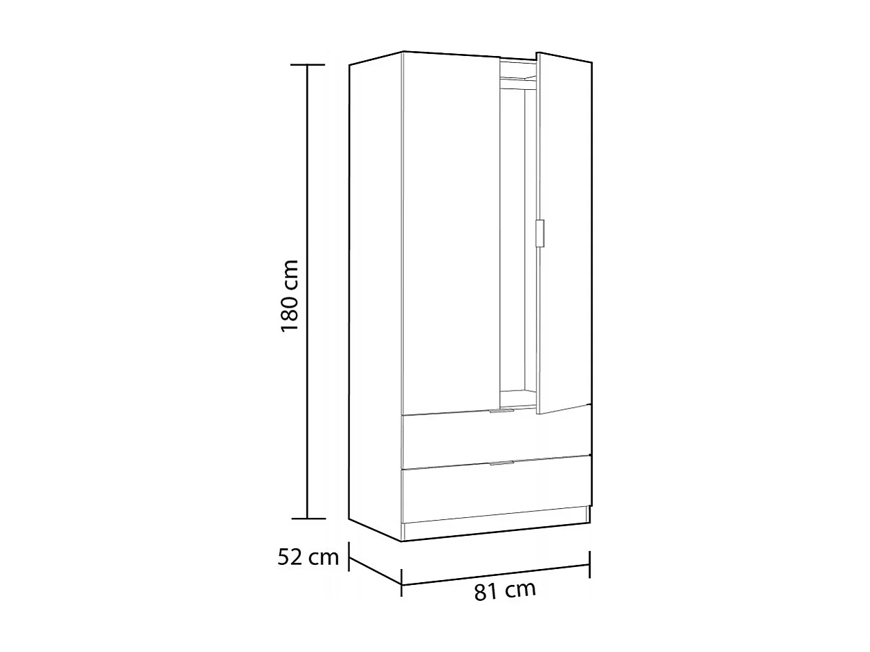 Armoire avec 2 portes et 2 tiroirs, Finition blanc et bois, 81 cm (L) x 180 cm (H) x 52 cm (P)
