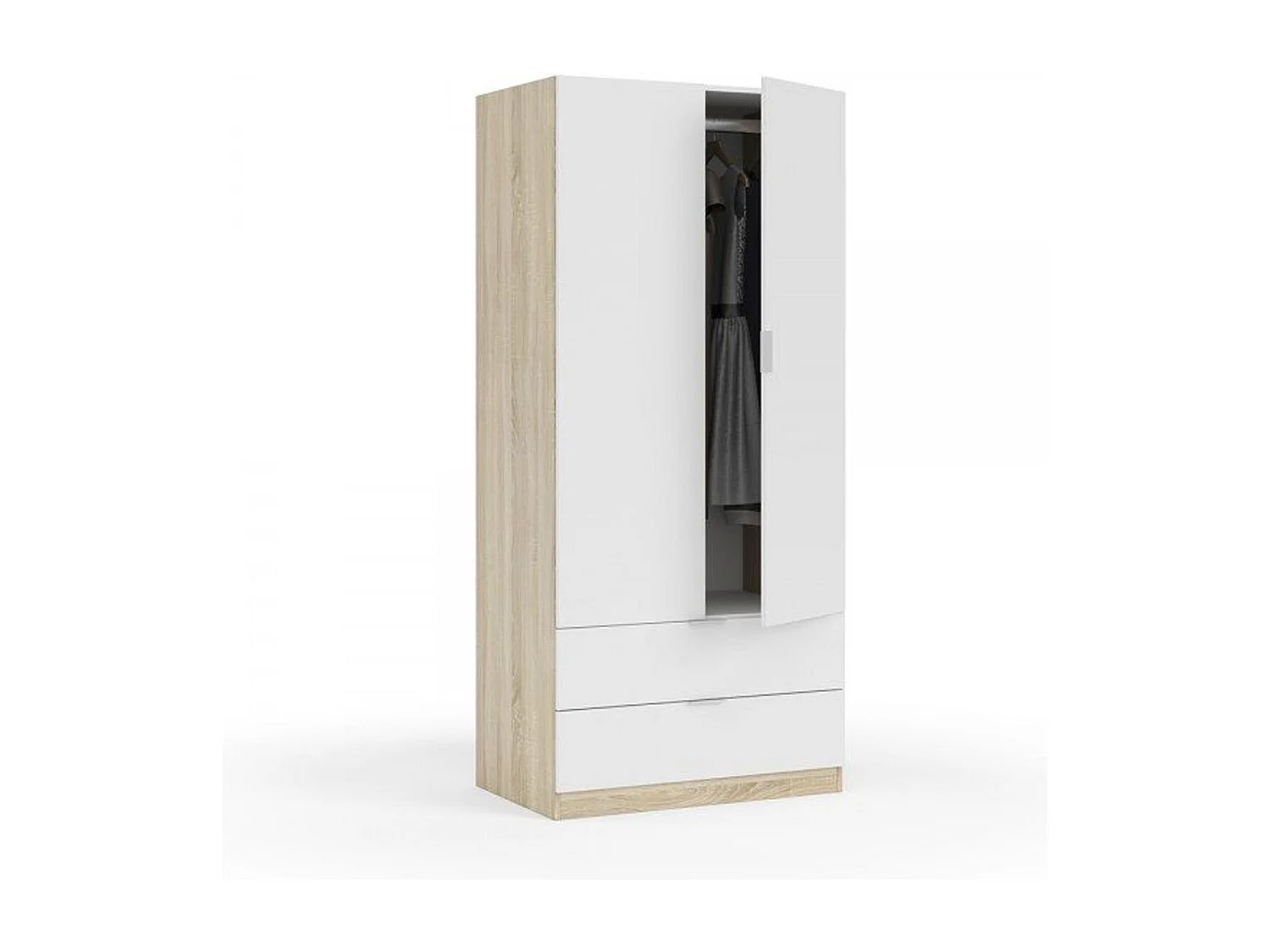 Armoire avec 2 portes et 2 tiroirs, Finition blanc et bois, 81 cm (L) x 180 cm (H) x 52 cm (P)