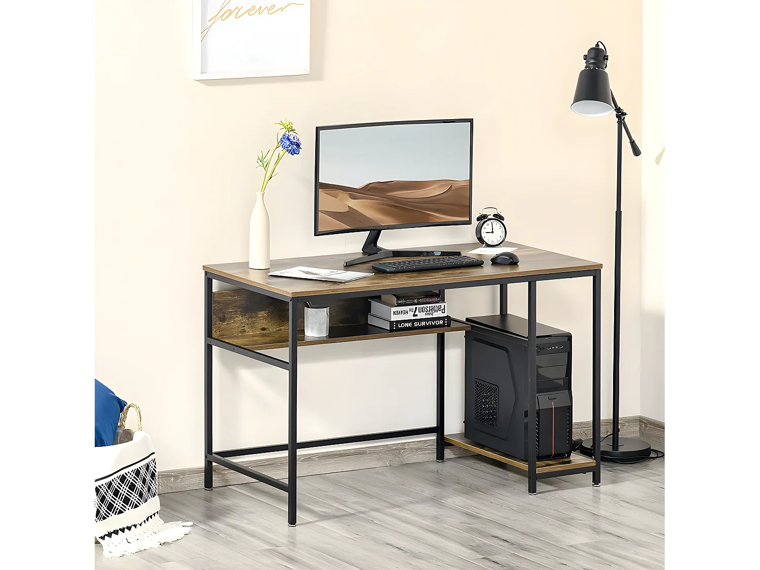 Gamebureau met plank. Metalen frame, industriële stijl, Vintage Rustiek Bruin en Zwart - INDUSA