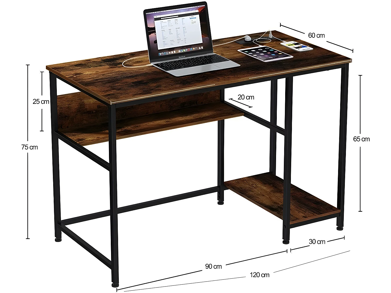 Gamebureau met plank. Metalen frame, industriële stijl, Vintage Rustiek Bruin en Zwart - INDUSA