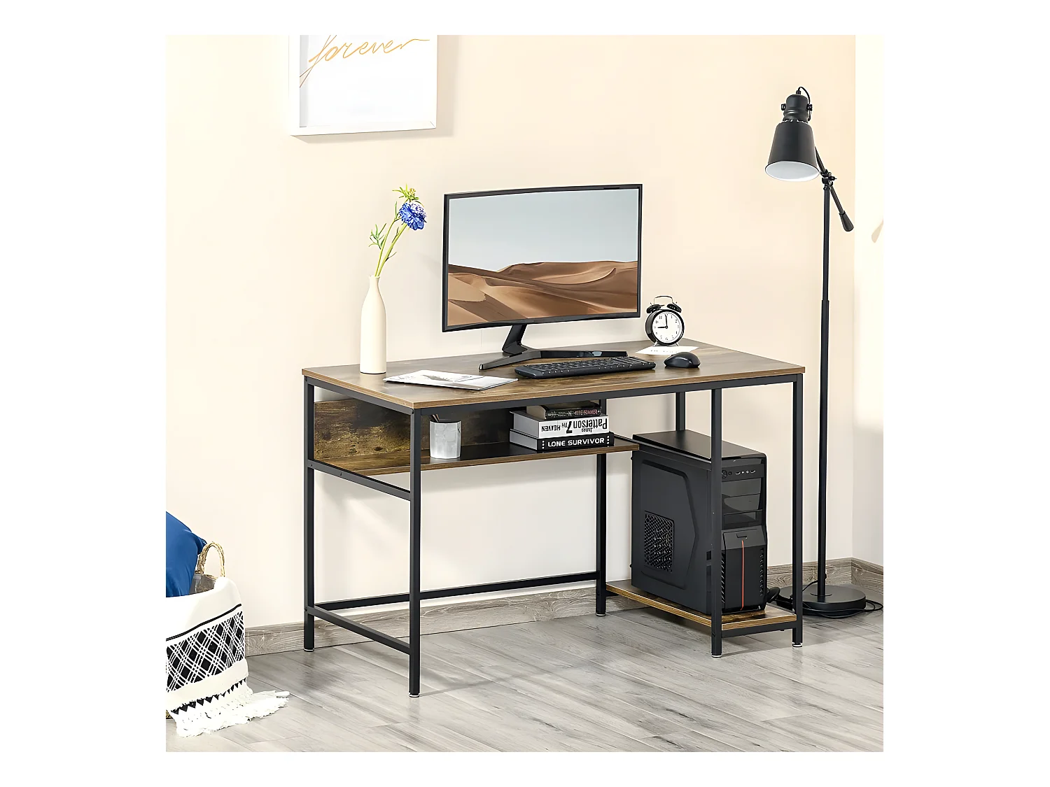 Bureau gaming avec étagère. Cadre en métal, style industriel, Marron Rustique vintage et Noir - INDUSA