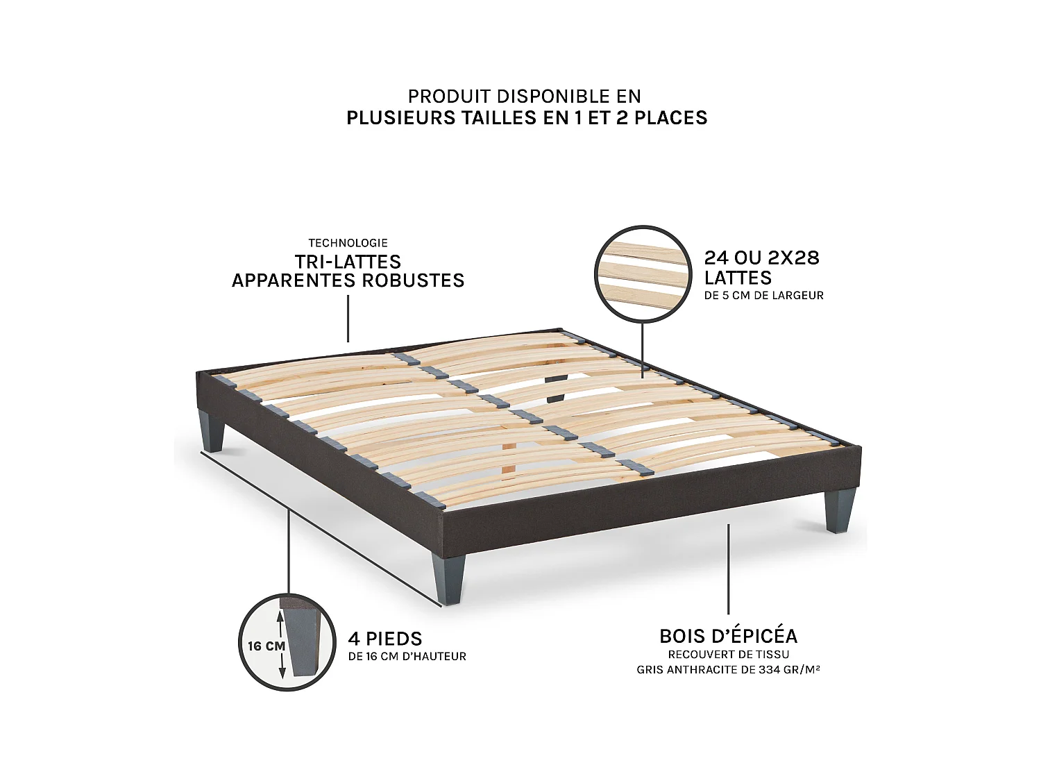 OLYMPE LITERIE | Sommier à lattes en bois KIT15 140x190 cm | Coloris Gris anthracite | Livré en kit