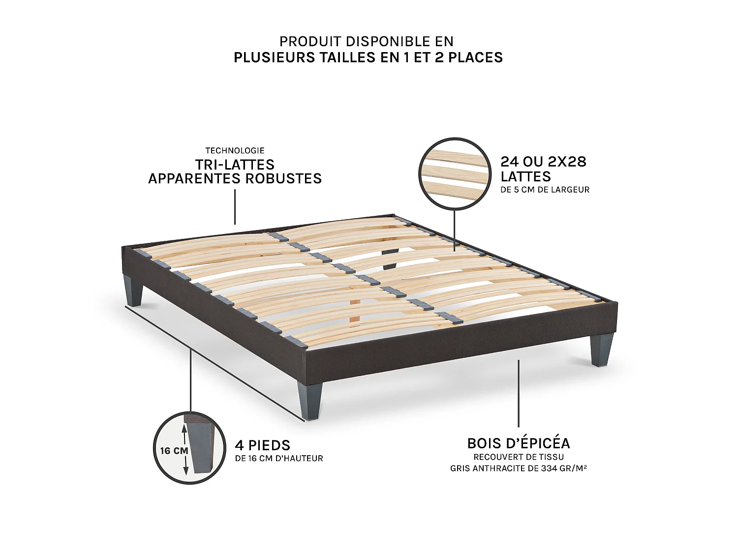 Sommier à lattes en bois Kit15 180x200 cm Coloris Gris anthracite Livré en kit