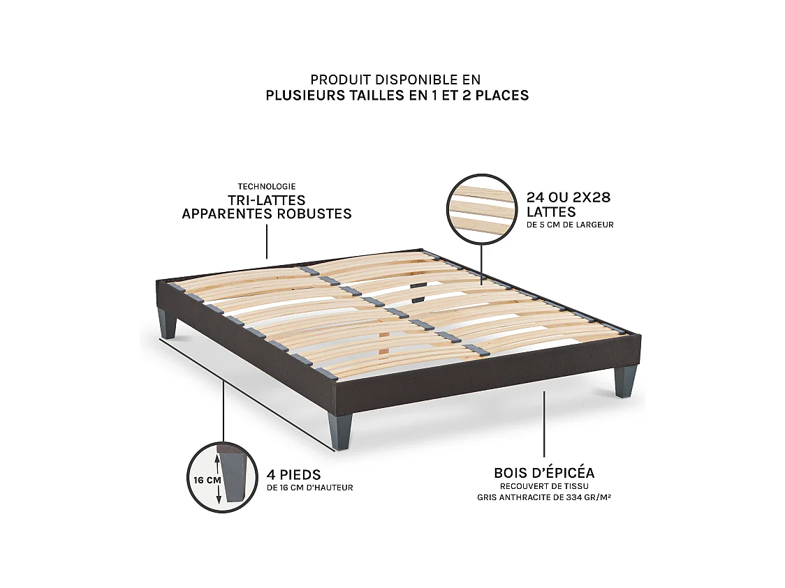 OLYMPE LITERIE | Sommier à lattes en bois KIT15 140x200 cm | Coloris Gris anthracite | Livré en kit