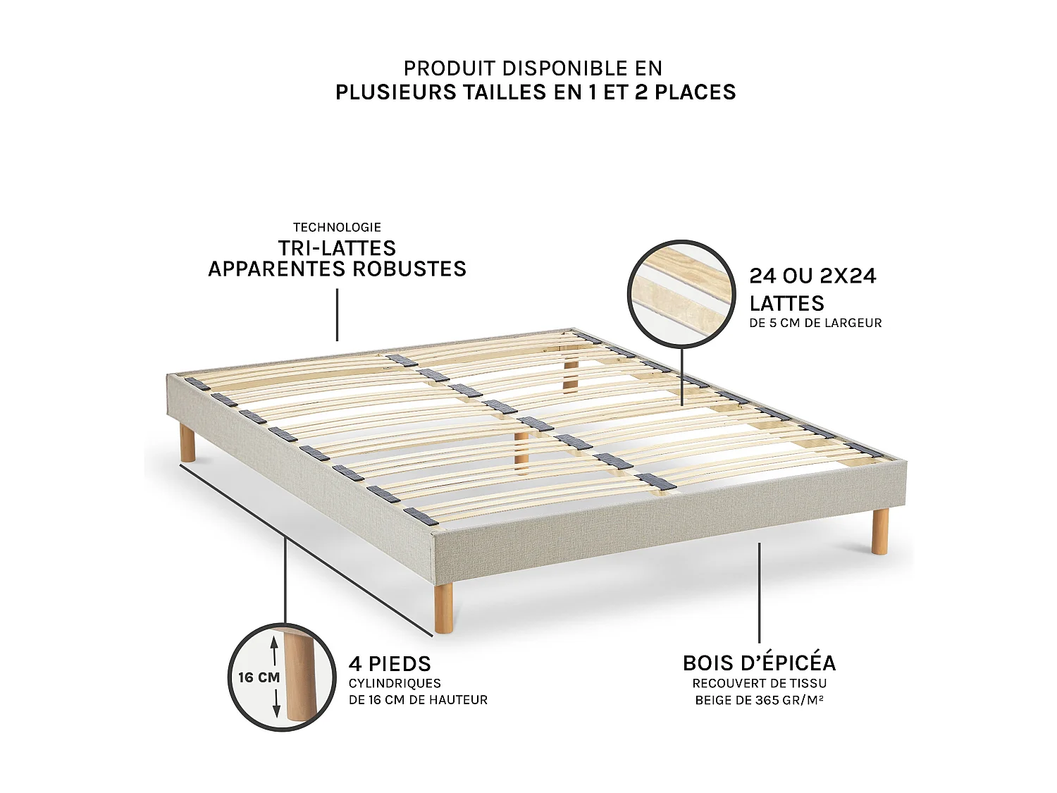 NUIT DE COTON | Sommier à lattes en bois LINO 140x190 cm | Coloris Beige | Livré en kit