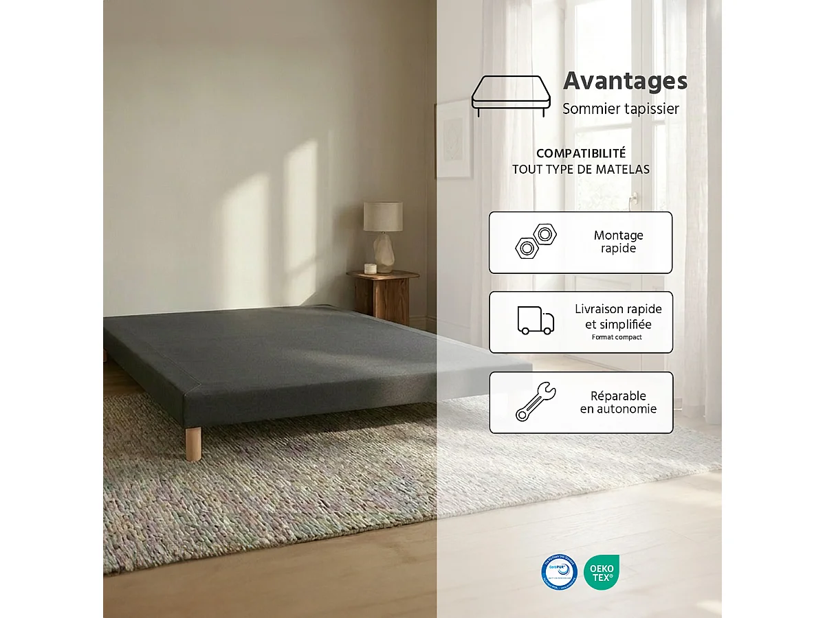 Sommier tapissier Tissu Capucine 90x190 cm - Gris