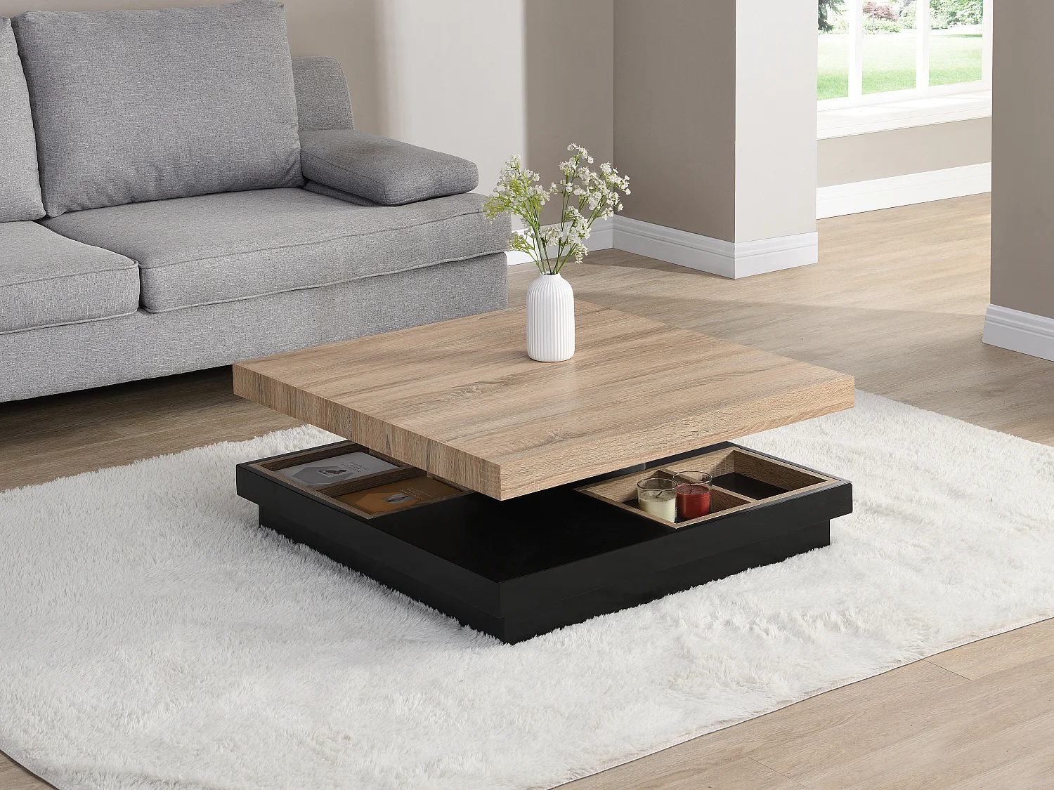 Table basse - Plateau pivotant - MDF laqué noir et naturel - FAUSTO