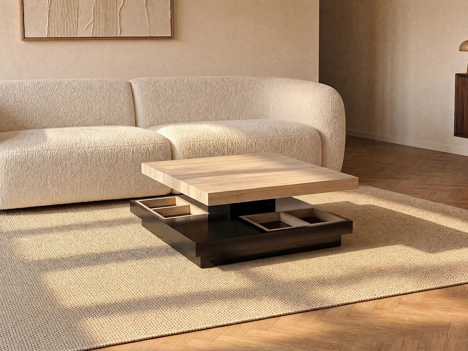 Table basse - Plateau pivotant - MDF laqué noir et naturel - FAUSTO