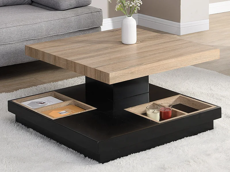 Table basse - Plateau pivotant - MDF laqué noir et naturel - FAUSTO