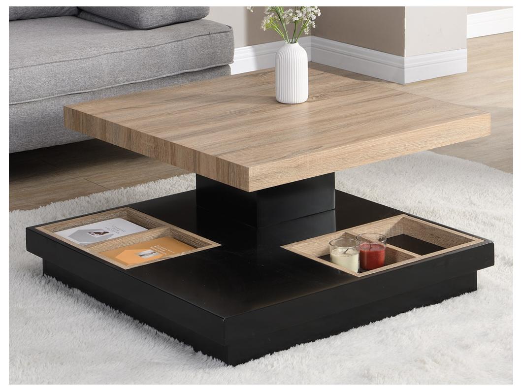 Salontafel - Draaibaar tafelblad - Zwart en naturel gelakt mdf - FAUSTO