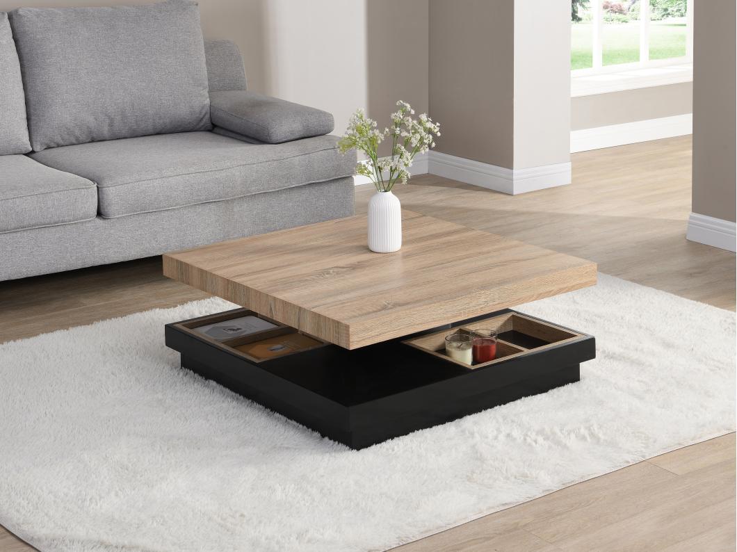 Salontafel - Draaibaar tafelblad - Zwart en naturel gelakt mdf - FAUSTO