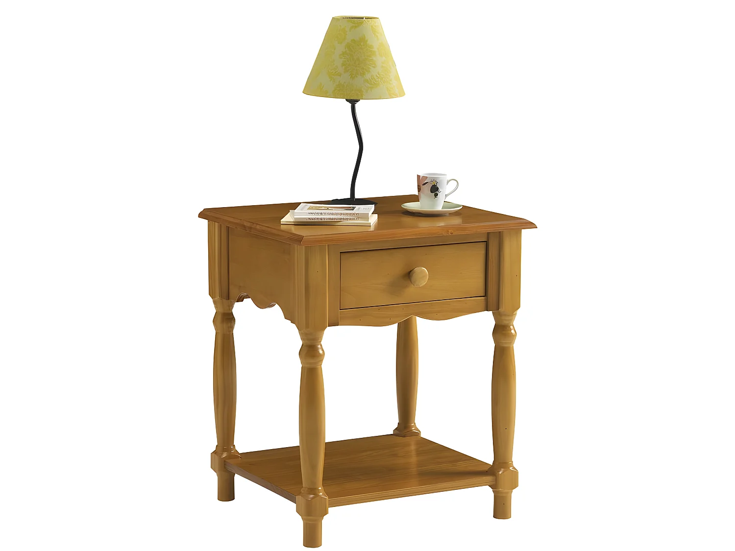 Chevet Pin Massif Miel 4 Pieds Tournée 1 Tiroir 1 Niche L 51 H 59 P 43.7 cm