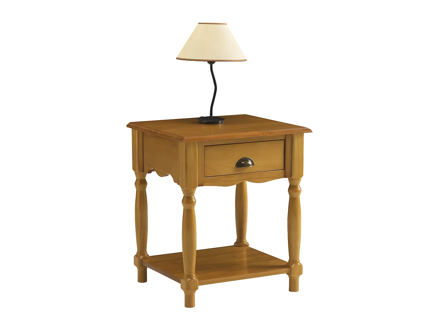 Chevet Pin Massif Miel 4 Pieds Tournée 1 Tiroir 1 Niche L 51 H 59 P 43.7 cm