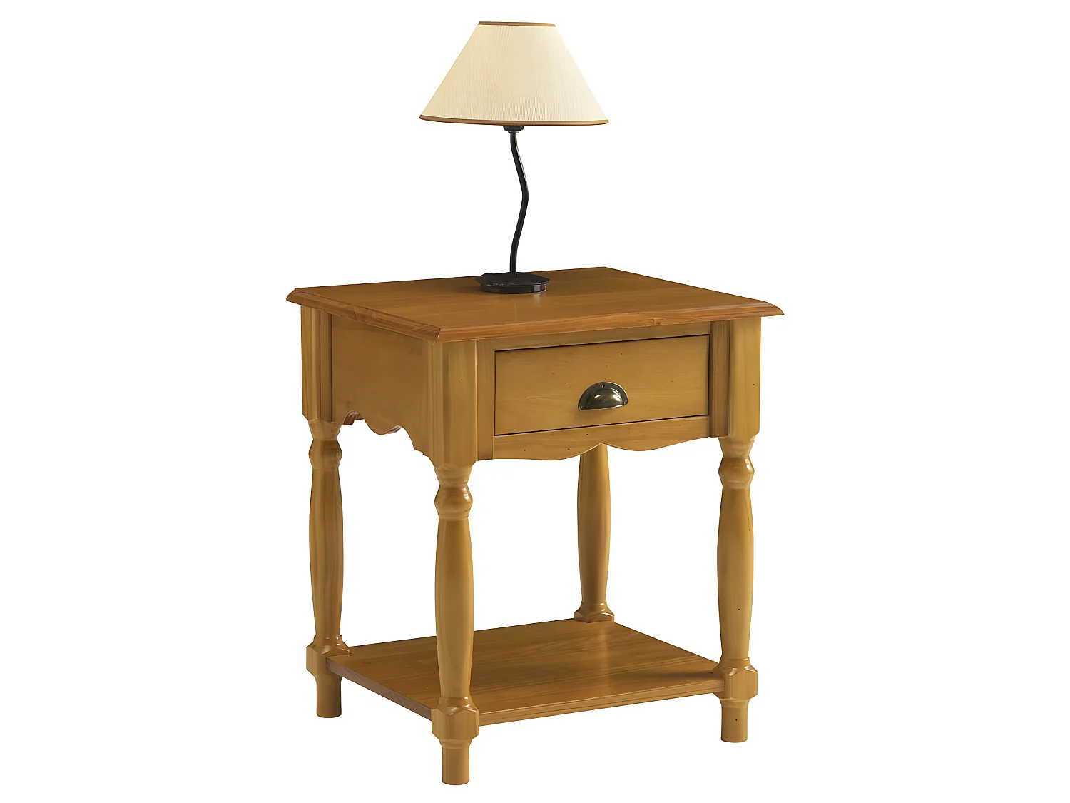 Chevet Pin Massif Miel 4 Pieds Tournée 1 Tiroir 1 Niche L 51 H 59 P 43.7 cm