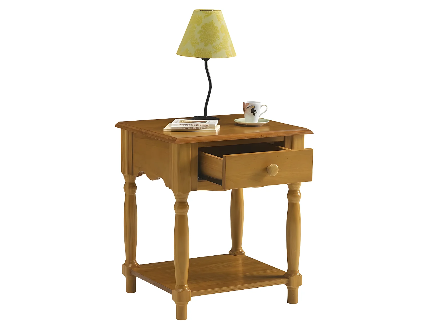 Chevet Pin Massif Miel 4 Pieds Tournée 1 Tiroir 1 Niche L 51 H 59 P 43.7 cm