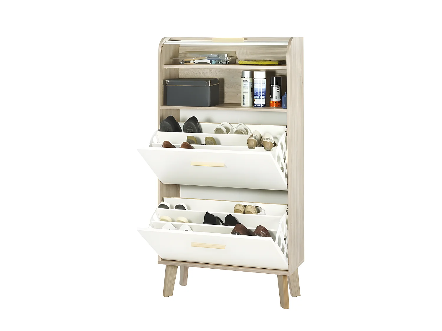 Meuble à Chaussures Chêne 2 Abattants Blancs 1 Rideau 75,2 x 143,1 x 30,6 cm - Coloris Rideau: Rideau Blanc