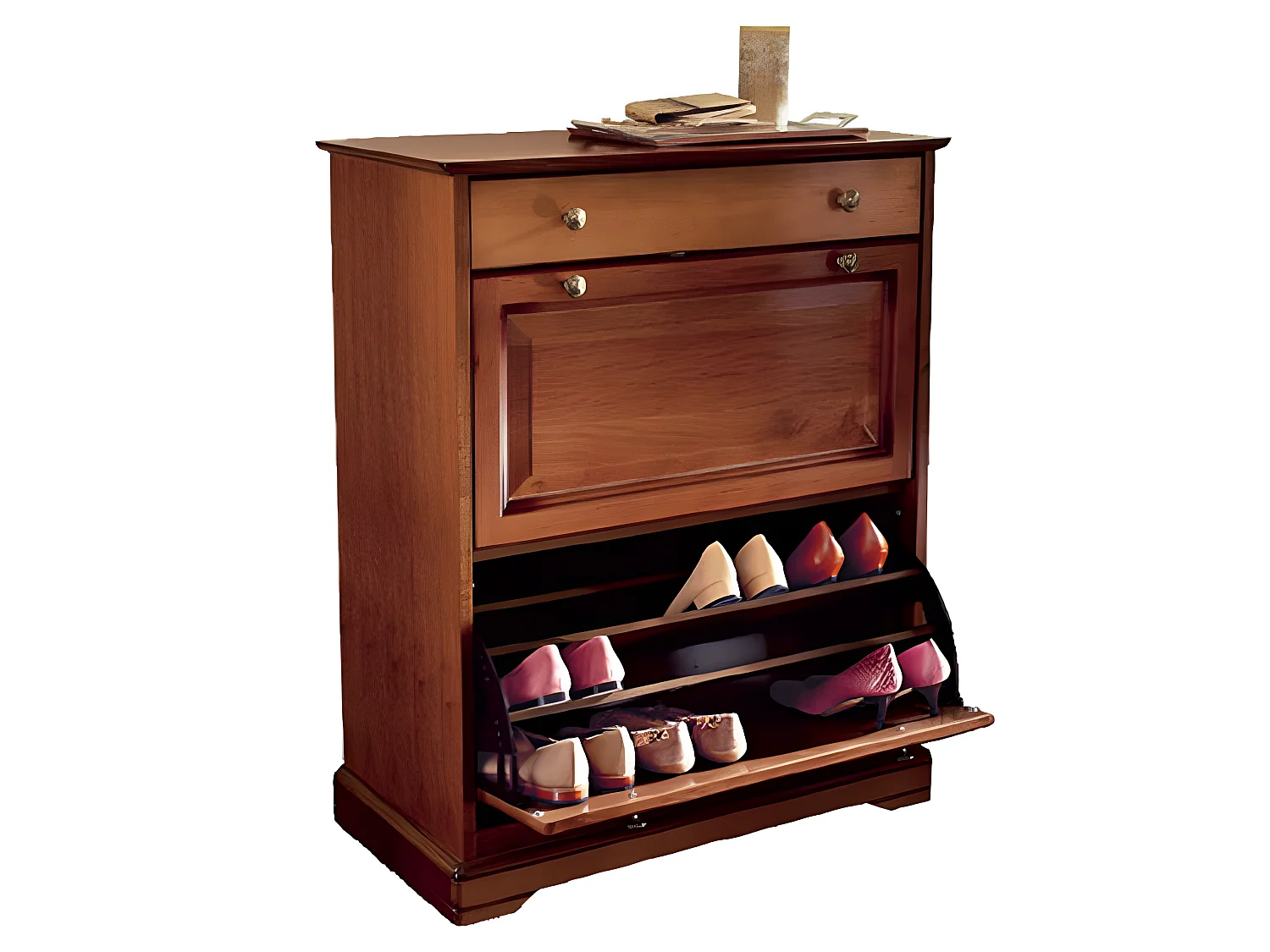 Meuble Chaussures Merisier 24 Paires 2 Abattants 1 Tiroir L 82.4 H 102.9 P 41 cm