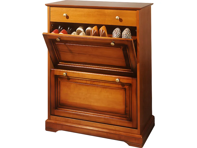 Meuble Chaussures Merisier 24 Paires 2 Abattants 1 Tiroir L 82.4 H 102.9 P 41 cm