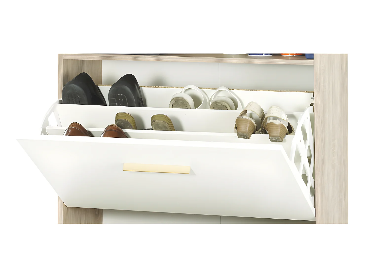 Meuble à Chaussures Chêne 2 Abattants Blancs 1 Rideau 75,2 x 143,1 x 30,6 cm - Coloris Rideau: Rideau Chêne