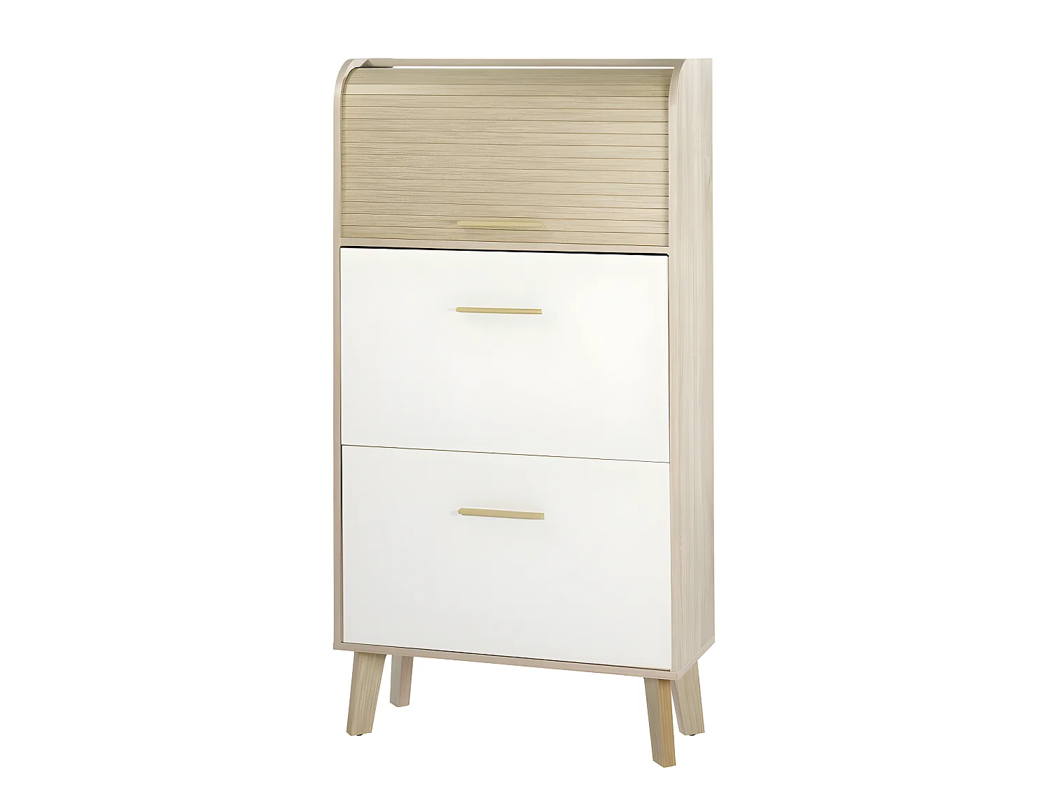 Meuble à Chaussures Chêne 2 Abattants Blancs 1 Rideau 75,2 x 143,1 x 30,6 cm - Coloris Rideau: Rideau Chêne