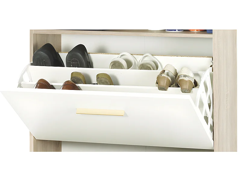 Meuble à Chaussures Chêne 2 Abattants Blancs 1 Rideau 75,2 x 143,1 x 30,6 cm - Coloris Rideau: Rideau Chêne