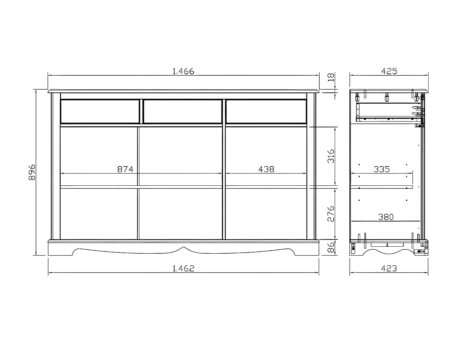 Buffet Bas 3 Portes 3 Tiroirs Pin Miel de Style Anglais L 146.6 H 89.6 P 42.5 cm