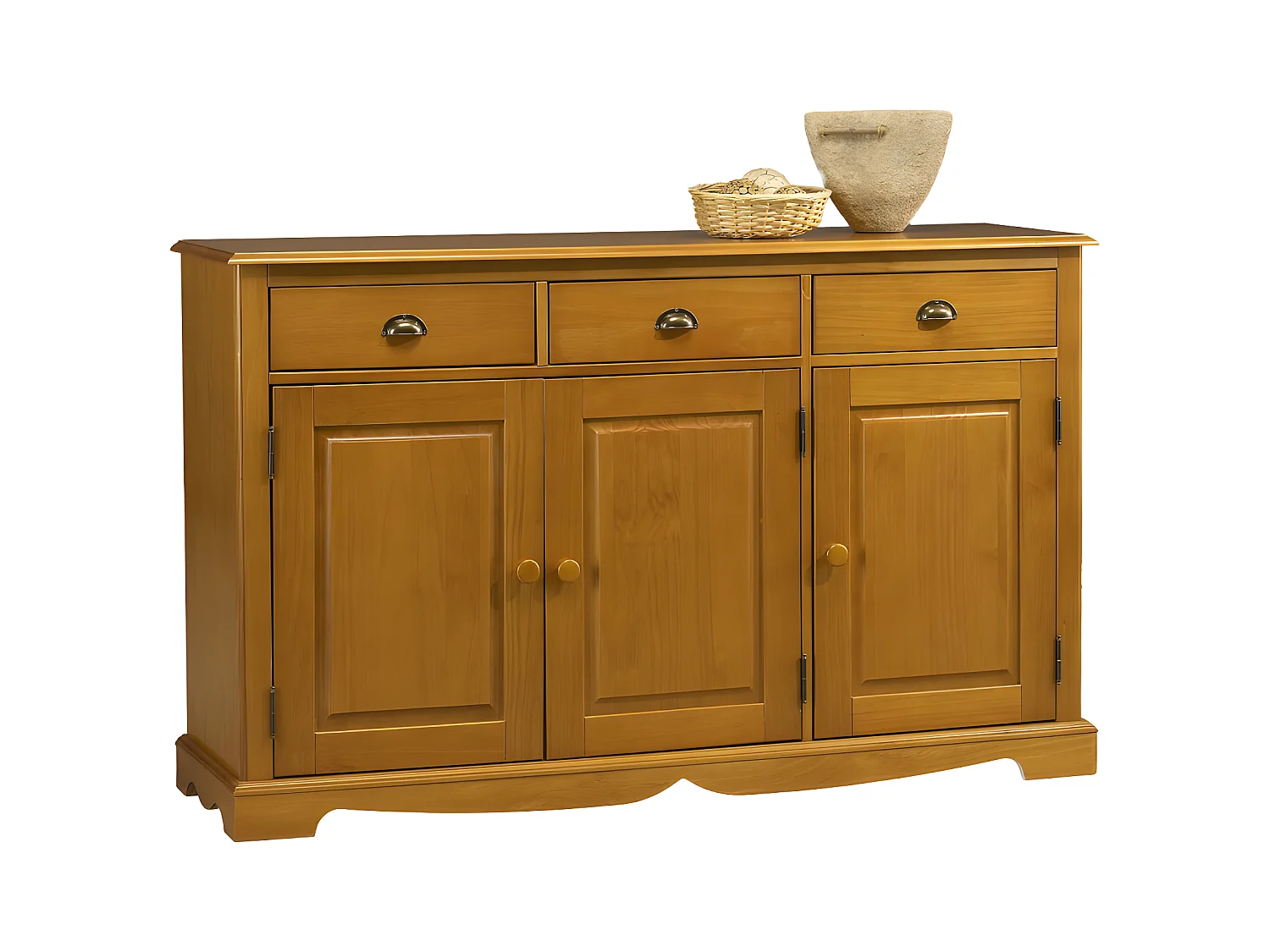 Buffet Bas 3 Portes 3 Tiroirs Pin Miel de Style Anglais L 146.6 H 89.6 P 42.5 cm