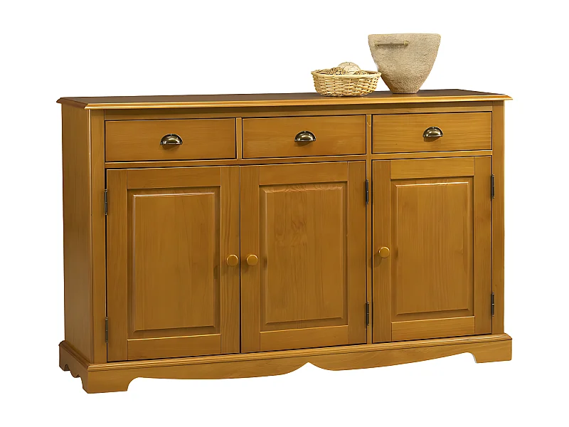 Buffet Bas 3 Portes 3 Tiroirs Pin Miel de Style Anglais L 146.6 H 89.6 P 42.5 cm