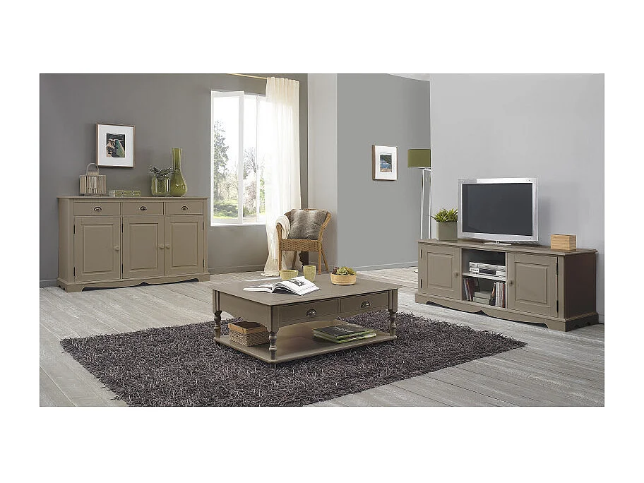 Buffet Taupe Style Anglais 3 Portes 3 Tiroirs 4 Niches L 146.6 H 89.6 P 42.5 cm