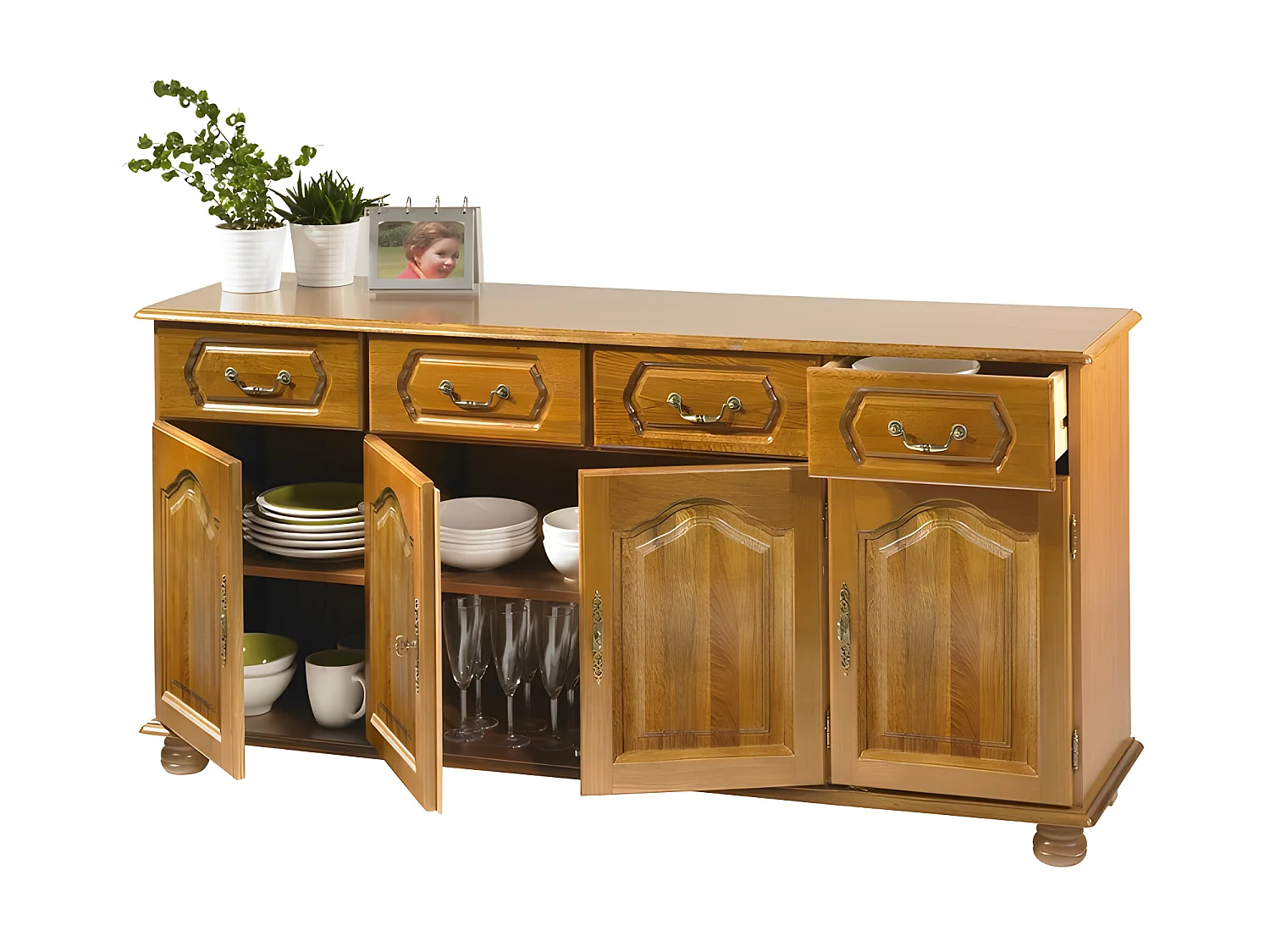 Meuble Enfilade Chêne 4 Portes 4 Tiroirs 6 Niches L 158.8 H 77 P 41 cm