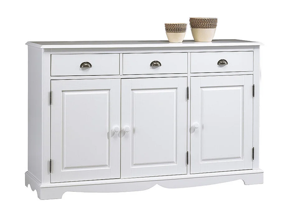 Buffet Blanc 3 Portes 3 Tiroirs Style Anglais 4 Niches L 146.6 H 89.6 P 42.5 cm