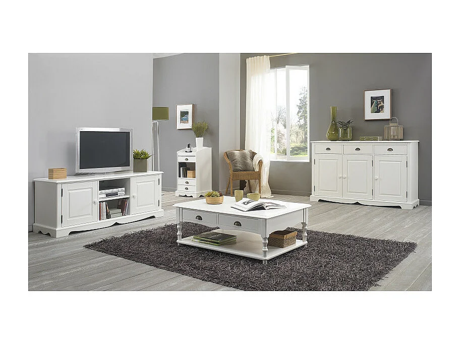 Buffet Blanc 3 Portes 3 Tiroirs Style Anglais 4 Niches L 146.6 H 89.6 P 42.5 cm