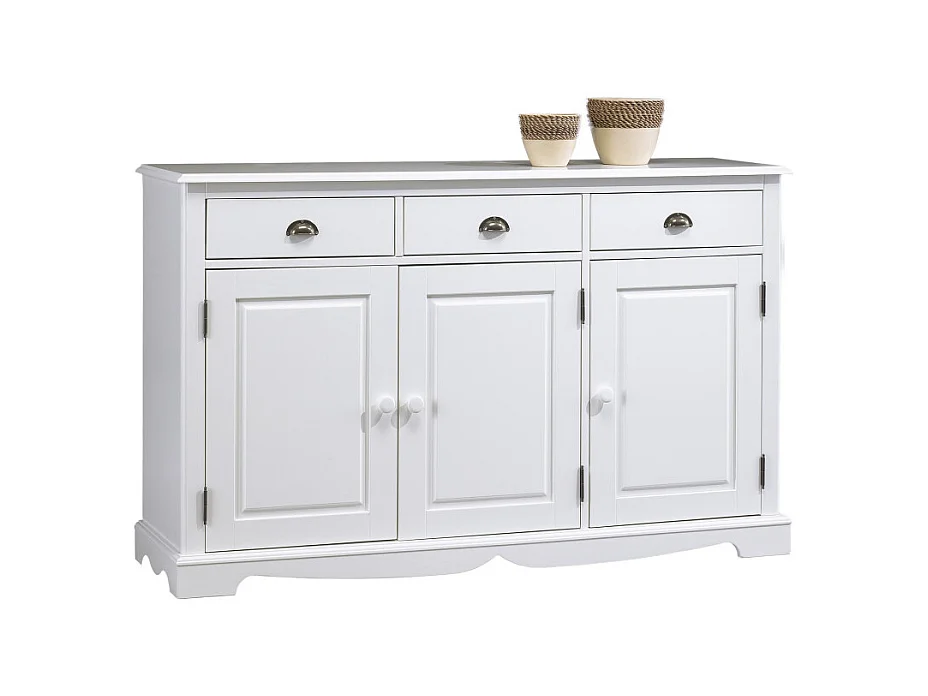 Buffet Blanc 3 Portes 3 Tiroirs Style Anglais 4 Niches L 146.6 H 89.6 P 42.5 cm