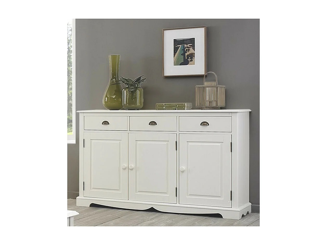 Buffet Blanc 3 Portes 3 Tiroirs Style Anglais 4 Niches L 146.6 H 89.6 P 42.5 cm