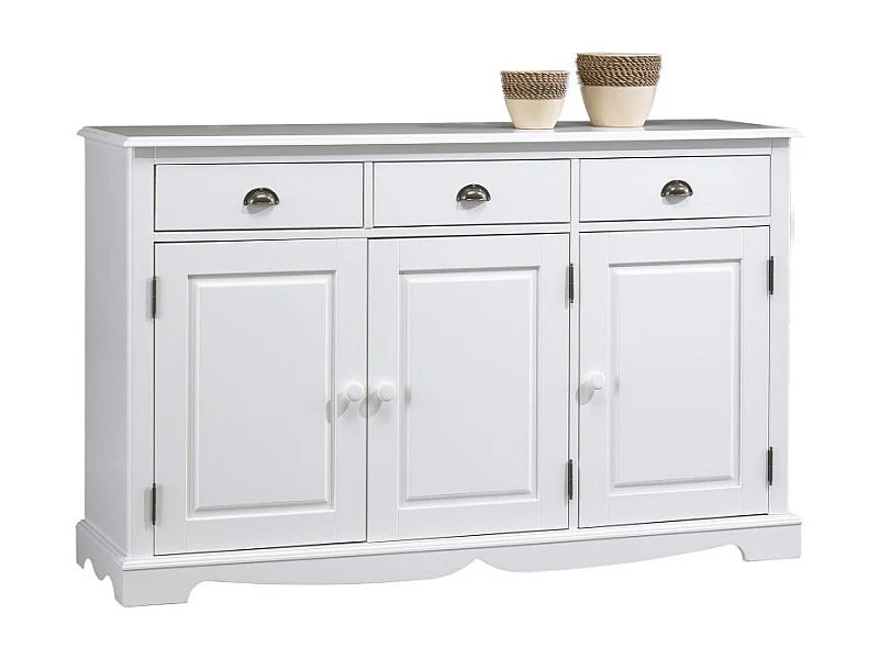 Buffet Blanc 3 Portes 3 Tiroirs Style Anglais 4 Niches L 146.6 H 89.6 P 42.5 cm