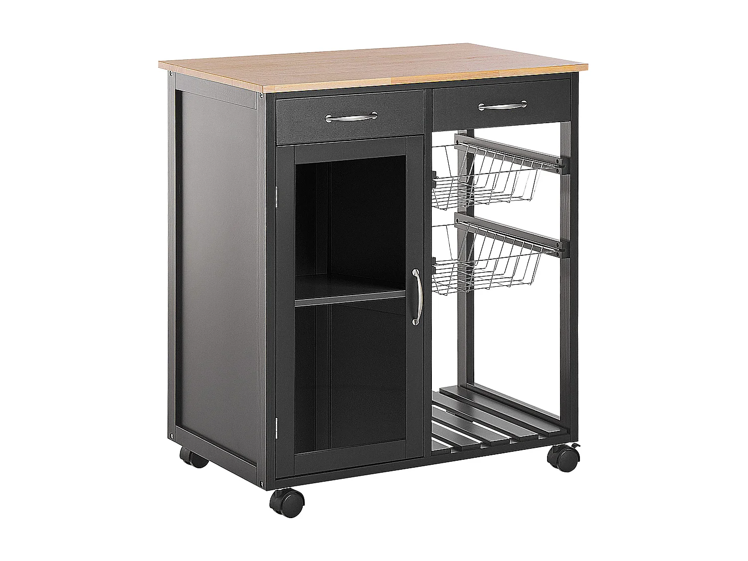 Servierwagen Holz schwarz mit 2 Schubladen Schrank 2 Metallkörben Rollen Boves