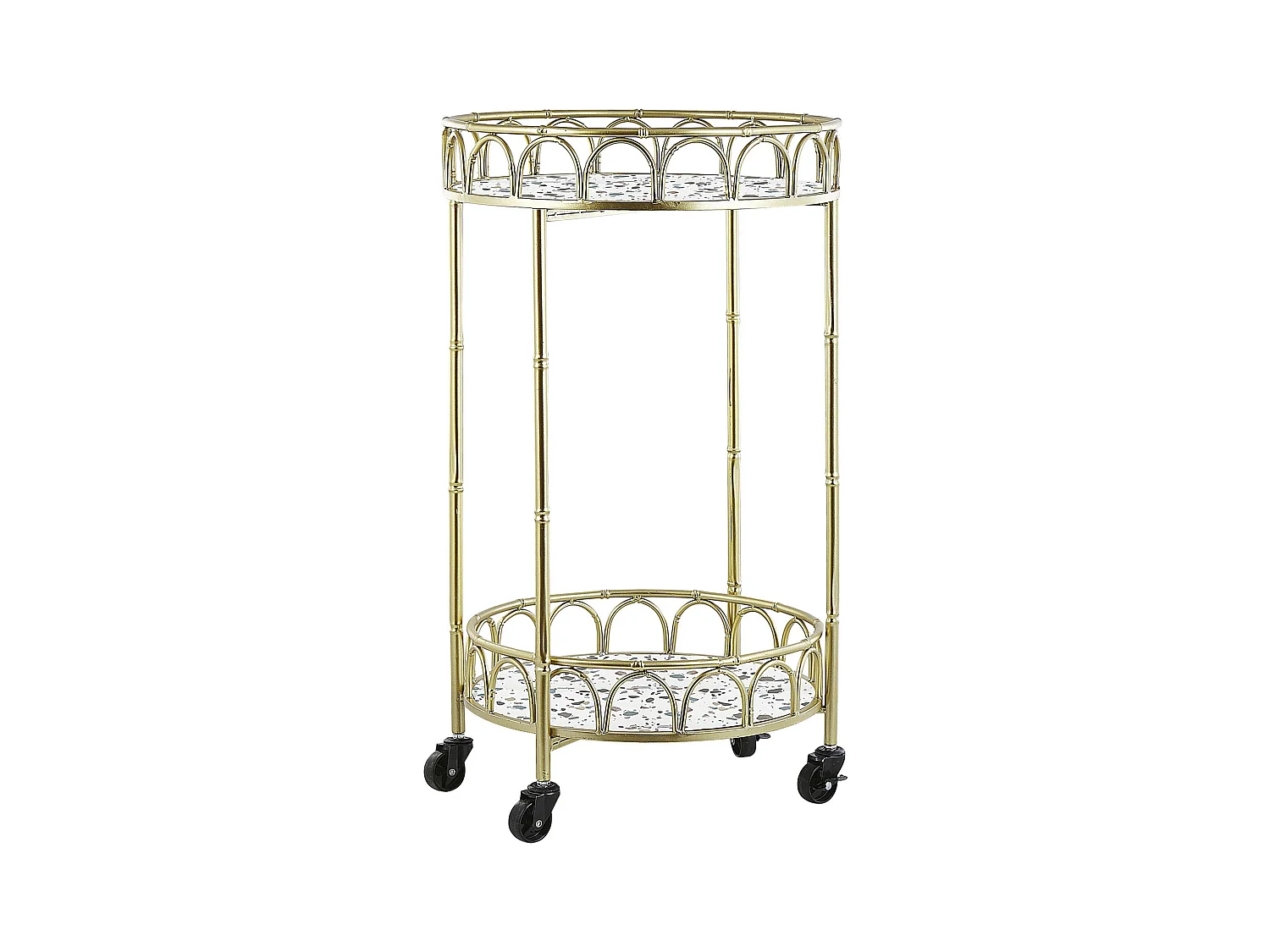 Servierwagen gold rund Metall mit Rollen Stein Optik Terrazzo Glamour Stil Shafter
