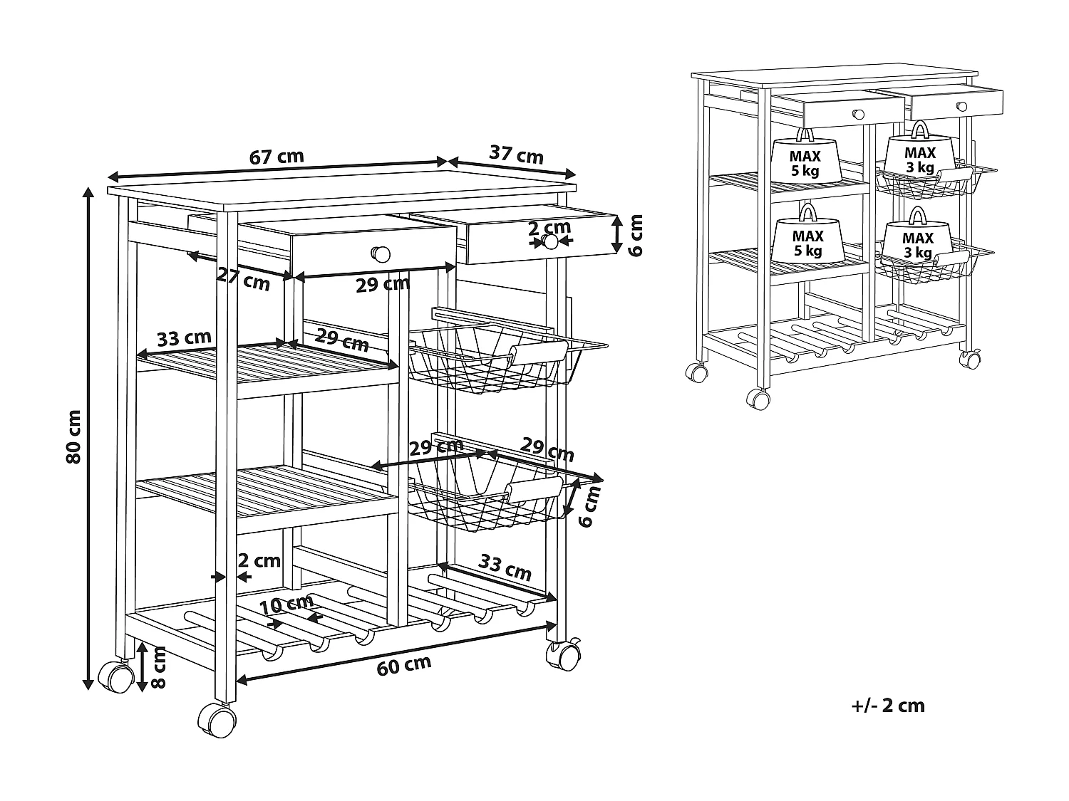 Küchenwagen Flaschenhalter 2 Schubladen Gitterkörbe hellbraun Bambusholz Morino