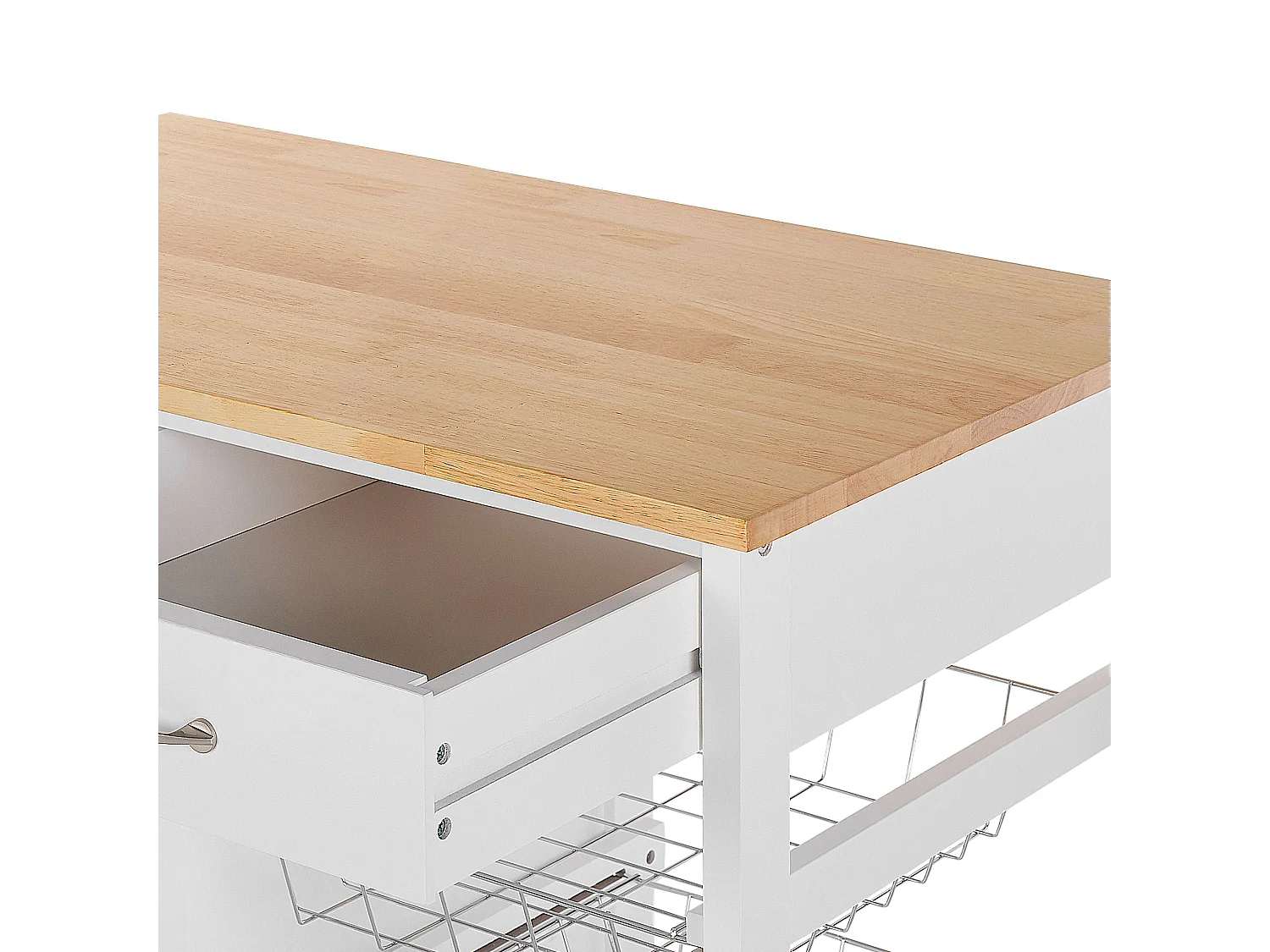 Servierwagen Holz weiß mit 2 Schubladen Schrank 2 Metallkörben Rollen Boves