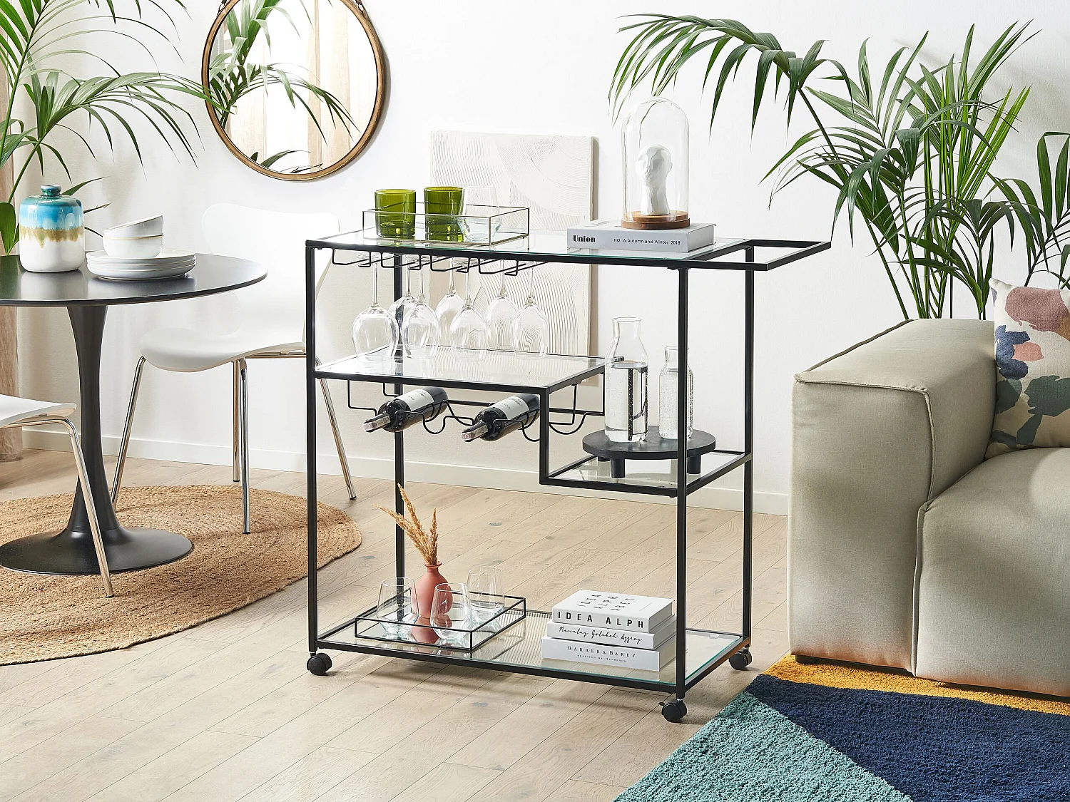 Servierwagen Glasplatte schwarz mit Rollen Flaschenhalter Gläserhalter Marcola