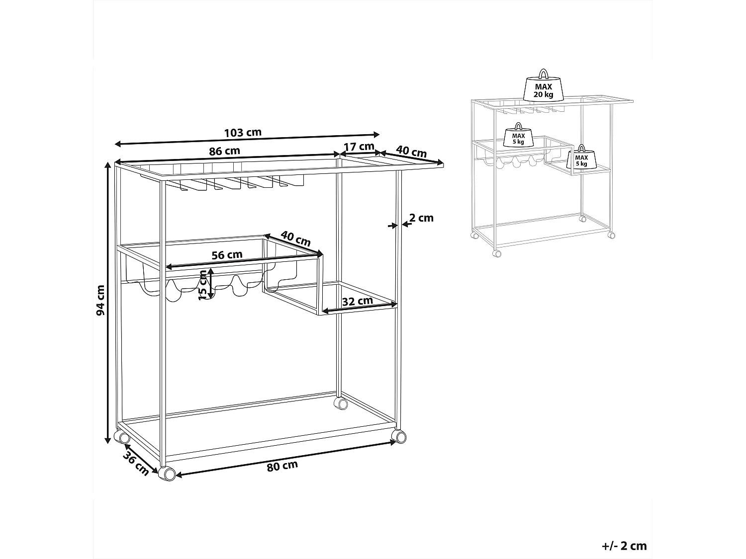 Servierwagen Glasplatte schwarz mit Rollen Flaschenhalter Gläserhalter Marcola